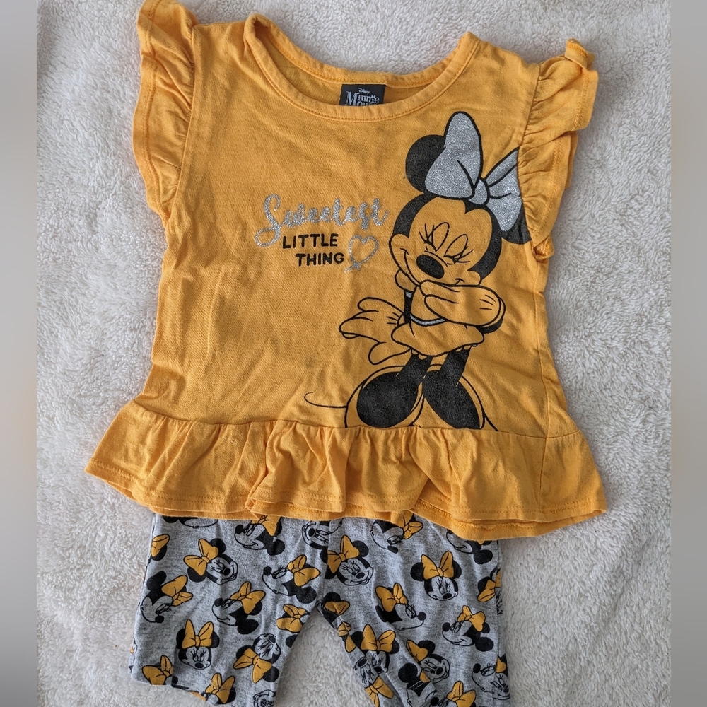 Disney Minnie Mouse Matching Yellow/Black/Grey Ruffle tank w/ bike shorts. S 4T